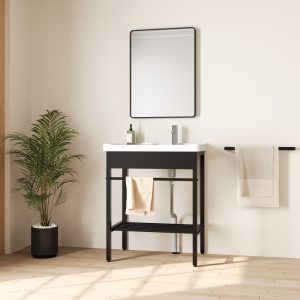 DeerValley 28"x18.5" Console Bathroom Sink, Freestanding Utility Sink with Integrated Washboard and Stainless Steel Frame, Modern White Ceramic Laundry Tub with Open Shelf,  Matte Black, DV-1CS0388B
