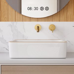 DeerValley Vessel Sink Rectangle 19"x15" Bathroom Sink with Gold Trim, White Ceramic Rectangular Above Counter Porcelain Art Basin,19 Inch Modern Sink, DV-1V0365
